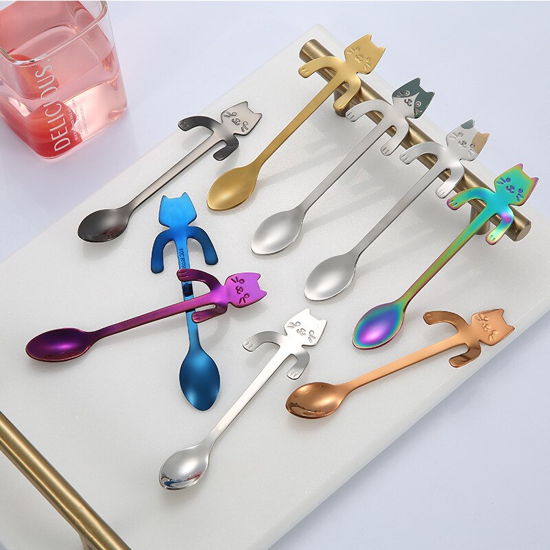 6 pcs Mini Cute Coffee Spoon 12cm 17 cm 304 Stainless Steel Cartoon Cat Spoon Teaspoon Dessert Snack Scoop Milk Spoons Tableware
