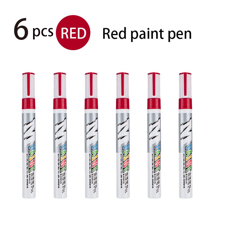 Color Waterproof Paint Marker Glass Plastic Ceramic Wood Metal Paper Car Paint Scratch Repair Pen Graffiti Tires Do Not Fade: 6 red pens