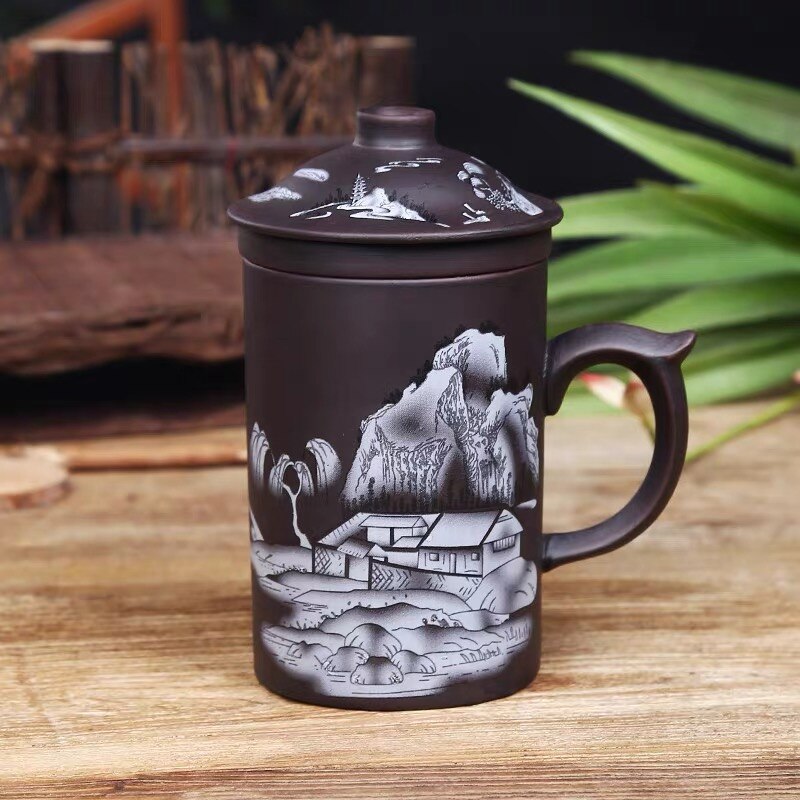 Håndlavet yixing håndmalet dragon skønhed lilla ler te krus med låg og infuser kontor tekop keramik vand krus drinkware: E