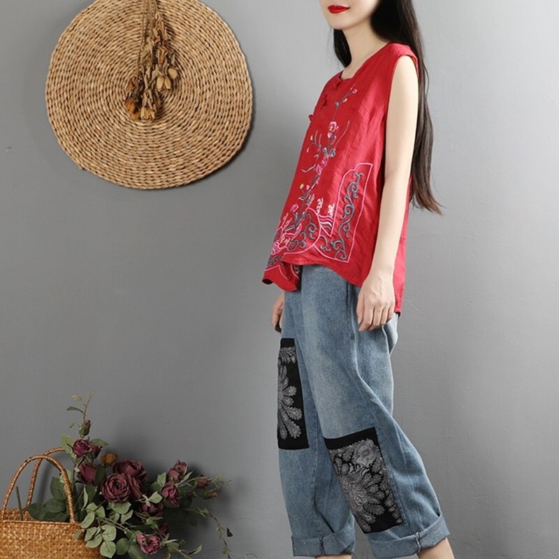 Broderi cheongsam top sommer kinesisk top tang jakkesæt ærmeløs linned skjorte traditionel kinesisk stil tøj kvinder 10716
