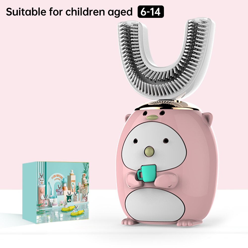 Smart 360 Degress U Sonic Electric Toothbrush Kids Silicone Automatic Ultrasonic Tooth Brush Children Blue Light Teeth Brush: Penguin Pink 6-14