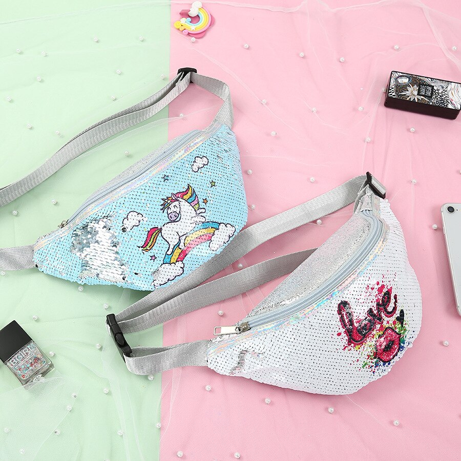 Paillettes Creative stampa unicorno marsupio per ragazze marsupio borse a tracolla per ragazzo marsupio per bambini marsupio per telefono