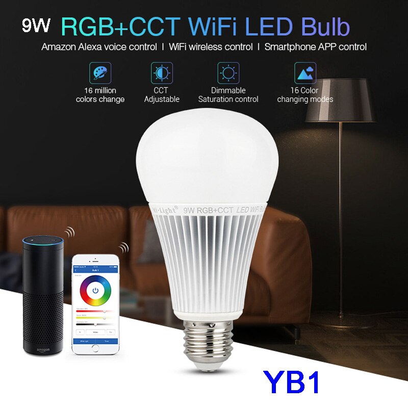 Yb1 milight wifi 9w rgb + cct led pære dæmpbar 2.4g trådløs led lampe 2700k-6500k 2 in 1 smart led lys  ac100v-240v: Default Title