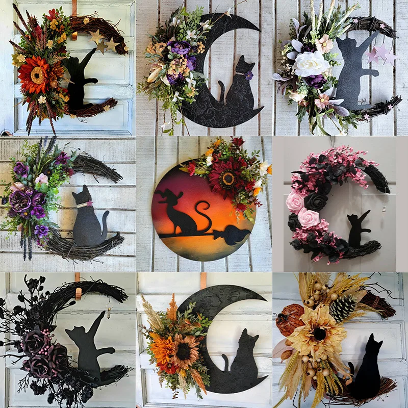 Halloween Maan Kat Slinger Deur Opknoping Decoratie Feestelijke Dode Tak Kitten Wijnstok Cirkel Sfeer Decoratie Deur Krans