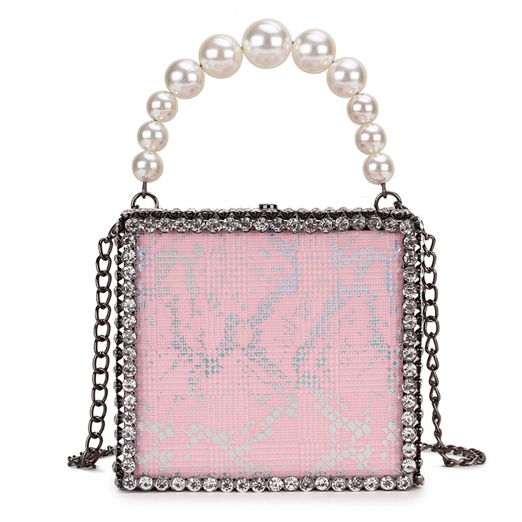 Diamant vierkante doos stijl reflecterende letter dames feest handtas schoudertas crossbody tas vrouwelijke ketting portemonnee: Serpentijnroze