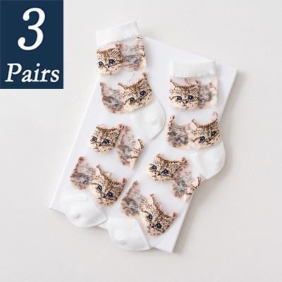 3 par kvinnor och #39 sommar genomskinliga nätstrumpor tecknad söt kattstrumpa bomull glasfilament tunna damstrumpor som andas: 5