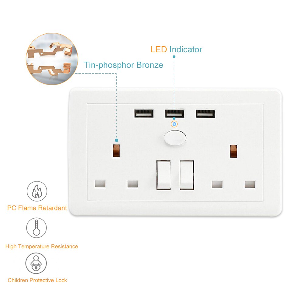 Dubbele Muur 2 Gang USB Socket met 3 USB Fast Charger Poorten Plug Schakelaar Plaat 13A 250V UK