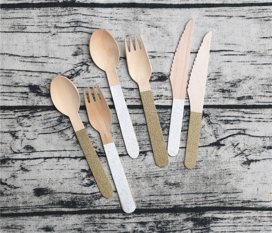Bruiloft Gunst 12 Pcs Glitter Goud Zilver Sliver Wegwerp Houten Bestek Twinkling Lepels Vorken Messen Feestartikelen