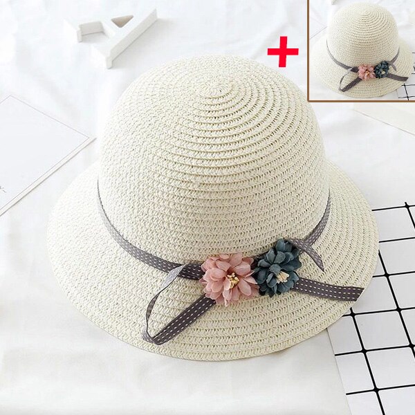 Nuovo 2pcs Cappello di Paglia Delle Donne Nodo Dell'arco Floreale Tesa Larga Dei Genitori-Bambino Cap per la Spiaggia di Trasporto di Goccia: hat white sakura