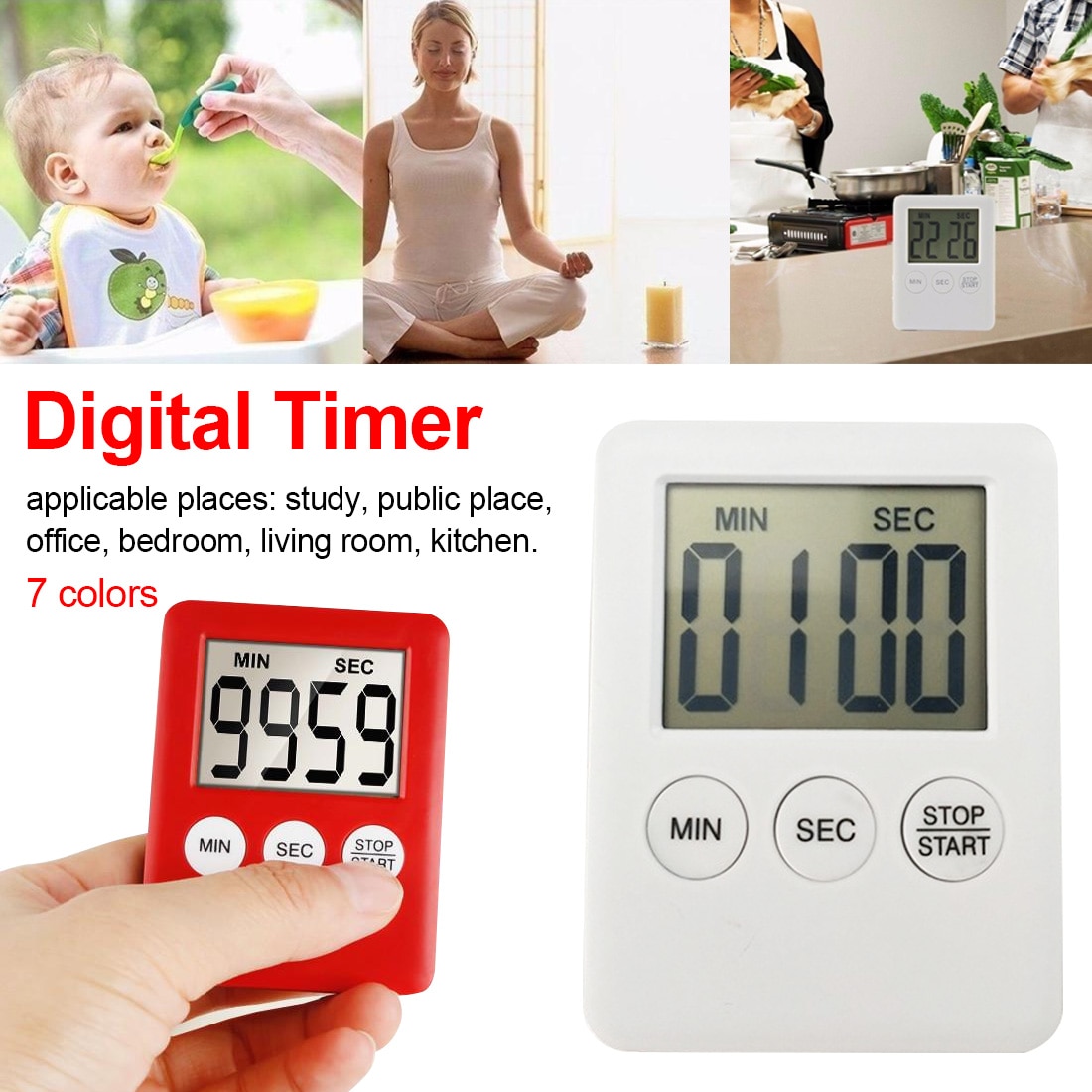 1pcs Plastic Cooking Count Up Countdown Alarm Magnet Clock Temporizador Simple 3 Buttons Kitchen Timer Thin LCD Digital Screen