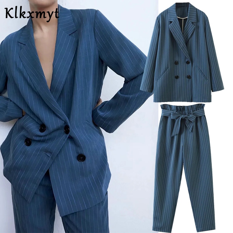 Klkxmyt-ensemble 2 pièces pour femme, bureau anglais, à rayures, solides et simples, à double boutonnage, hauts et pantalons