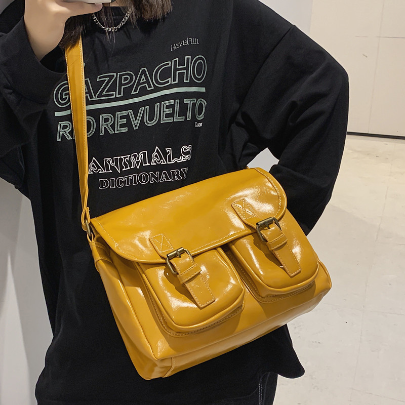 Large Capacity Postman Pu Leather Bag Student Class Handbag School Bag Female Harajuku Luxury Shoulder Bag Yellow: Yellow