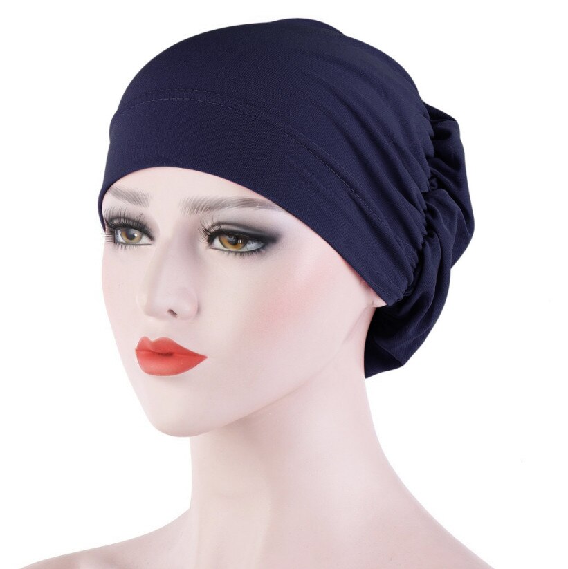 Vrouwen haaruitval sjaal elastisch dame kanker chemo pet moslim tulband hoed arab hoofddoek muts hoofddeksels skullies effen kleur: Donkerblauw