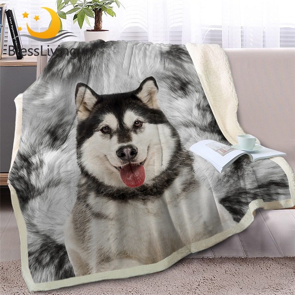 BlessLiving Malamute Gooi Deken op Bed Sofa 3D Dier Hond Sherpa Fleece Deken Husky Spreien Dunne Quilt 150x200cm