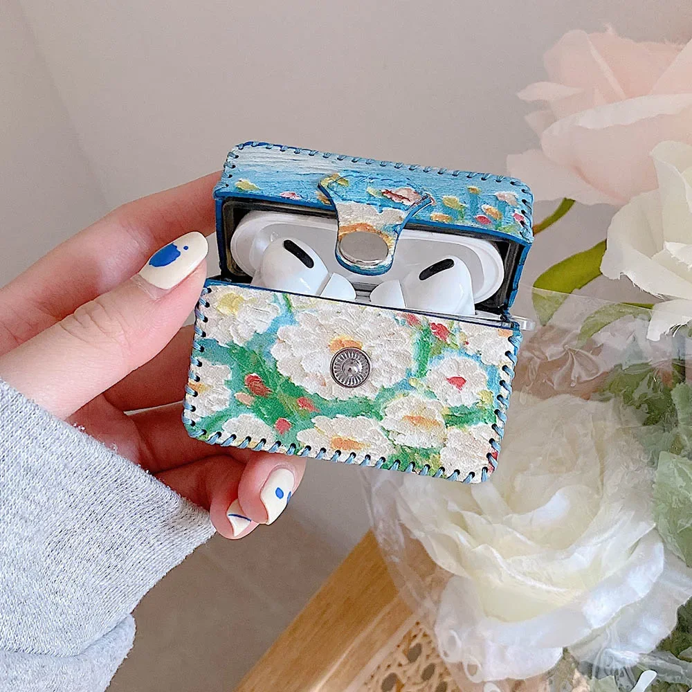 Étui Airpods 4 2 1 3 pour écouteurs, peinture à l'huile de fleurs, housse en cuir Vintage pour AirPod Pro, boîte de Protection