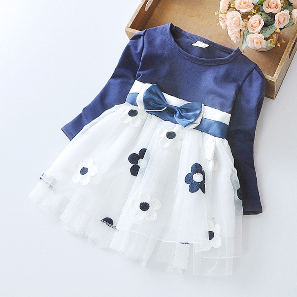 Autumn Newborn Infant Baby Dress Cotton Dress Toddler Kids Baby Girls Long Sleeve Tulle Patchwork Flower Bow Dresses Clothes