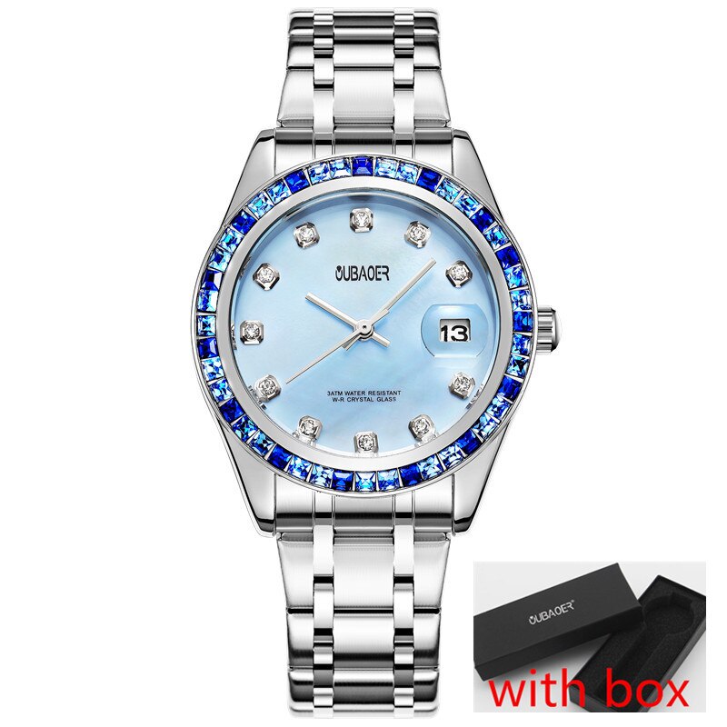Relogios Femininos Oubaoer Top Luxe Kalender Quartz-Horloge Dames Horloges Vrouwen Rvs Strass Horloges Vrouwen: silver blue 093A box