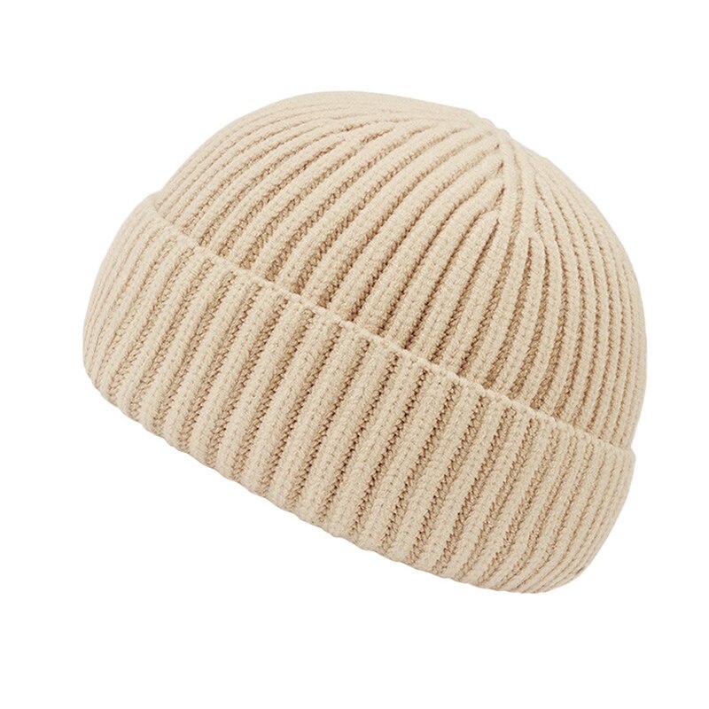 Unisex skullies mössa vinter mössor varma enfärgade stickade mössor casual manlig kort melon mössa utomhus herr mössa motorhuv: Beige