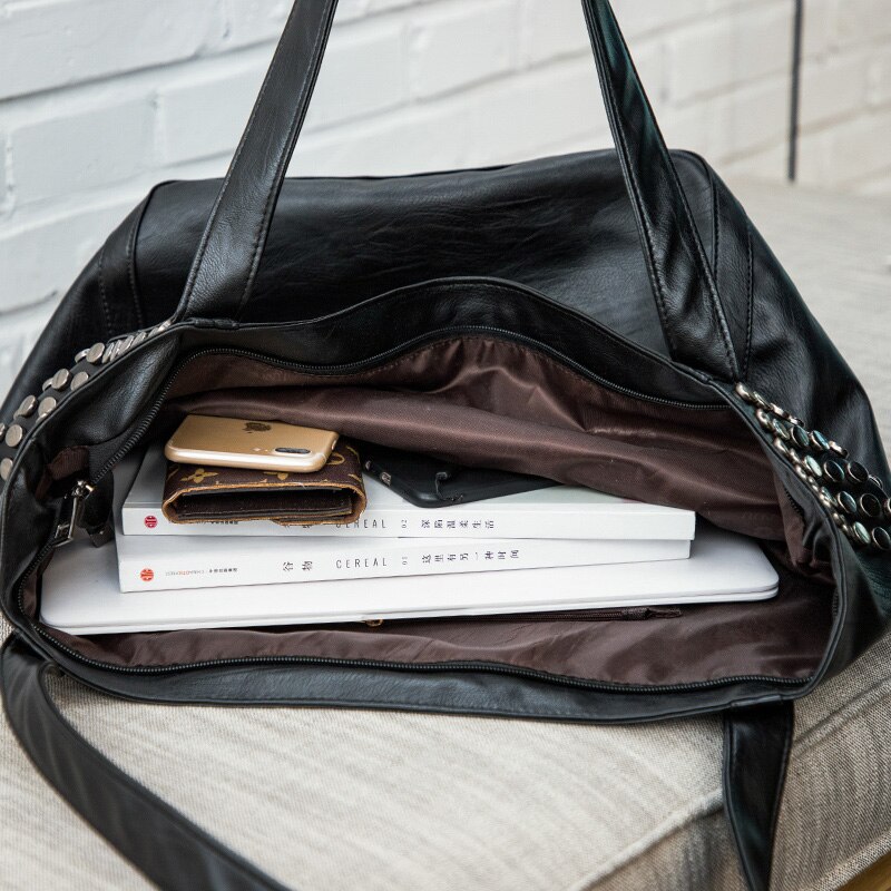 Rivet Women Pu Leather HandBags Female Lady Larger Capacity Famous Shoulder Bag Black