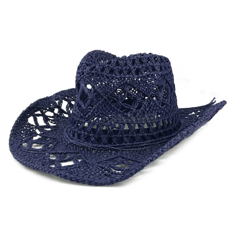 Summer Western Cowboy Straw Hollow Hat Hand Made Beach Felt Sunhats Party Cap Casual Panama Cowgirl Jazz Sun Hat: Navy blue