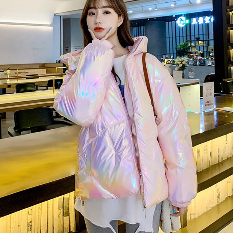 Parkas de Invierno para mujer, abrigos de tela brillante Tie Dye, chaquetas gruesas y cálidas con capucha, Parkas con cremallera con bolsillo acolchado, prendas de vestir frías: Rosa / M