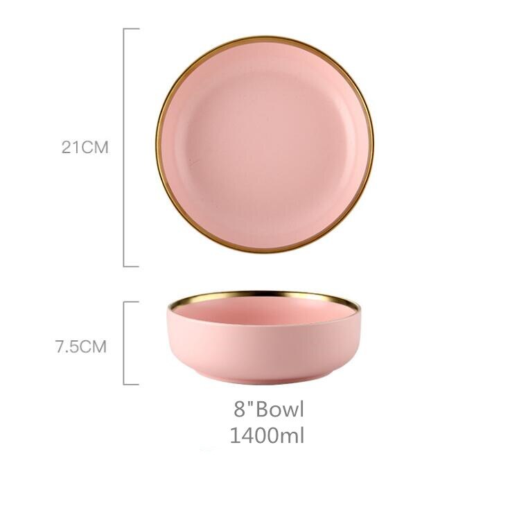 Gilt Rim Pink Porcelain Dinner Plate Set Kitchen Plate Ceramic Tableware Food Dishes Rice Salad Noodles Bowl Mug Cutlery Set 1pc: 8 inch bowl