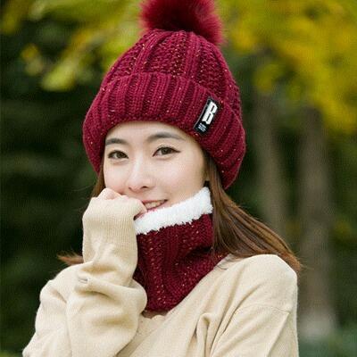Neck warm Balaclava knitted winter hat Big Fur pom poms ball Knitted hats scarf set women Beanie Hat thick Skullies female cap: red wine Hat Scarf