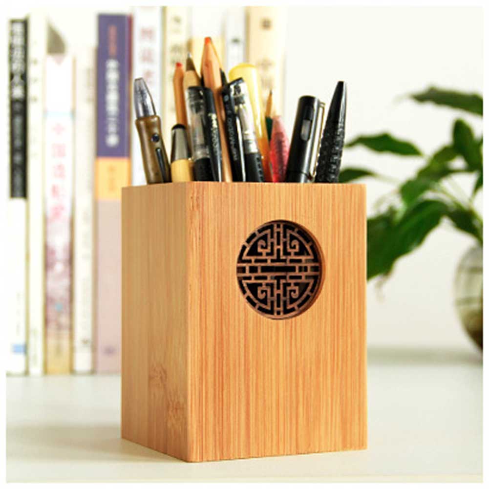 Porta lápiz de madera hueco tallado vaso para pluma organizador de escritorio maquillaje pincel titular EM88