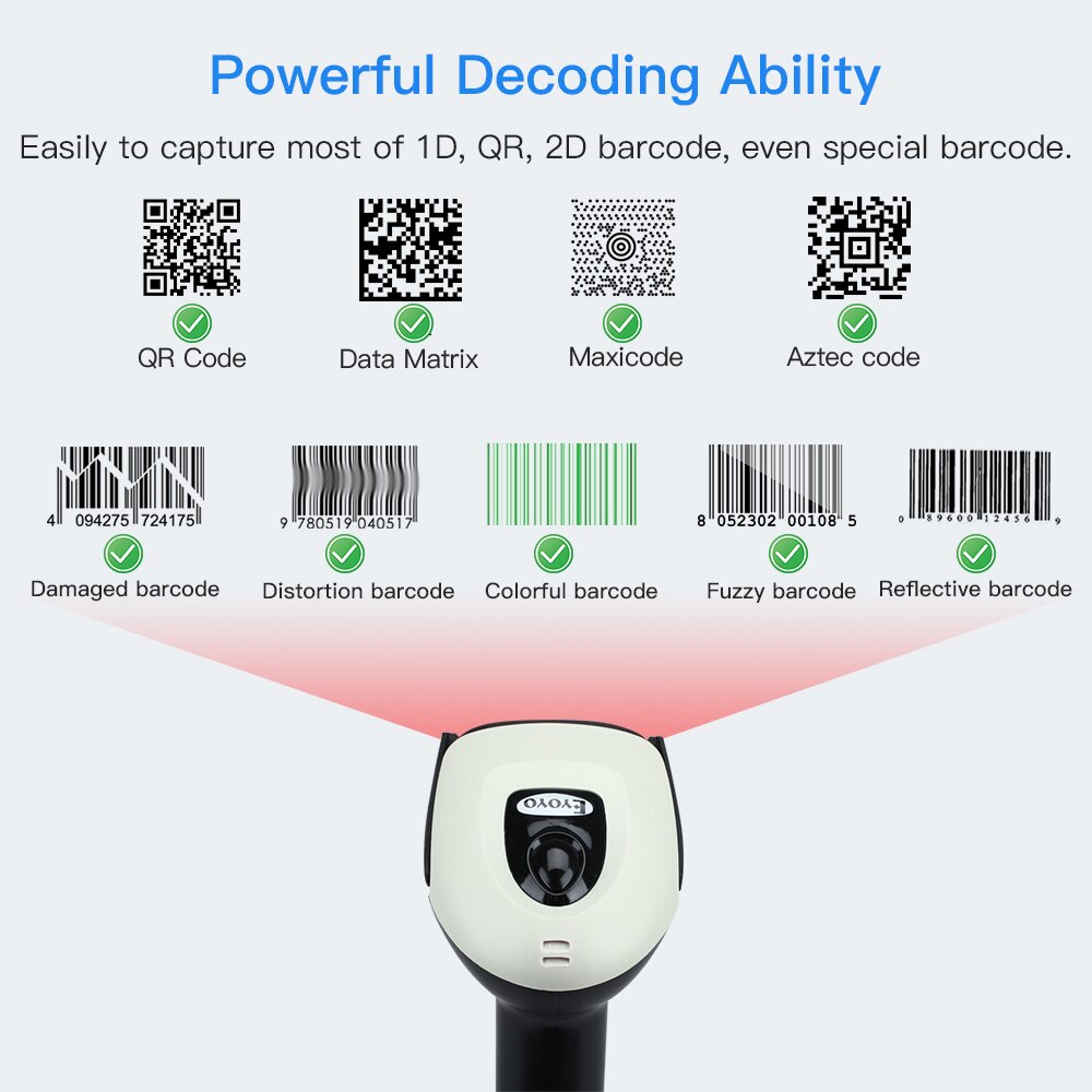 Eyoyo Wireless 2D Barcode Scanner with Adjustable Stand, Bluetooth & 2.4G Wireless & USB Wired Handheld Barcode Reader 1D OR