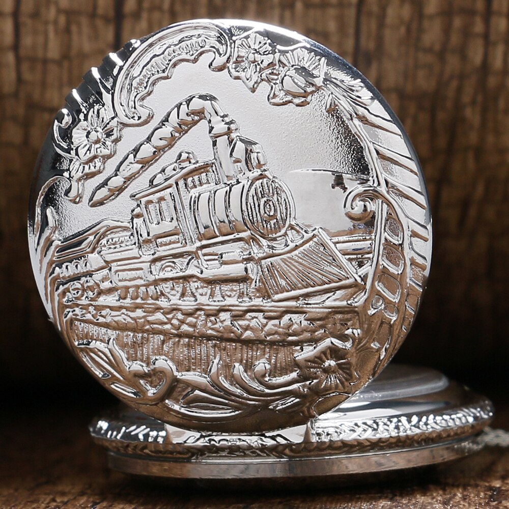 Classic Silver Pocket Watch Train Front Locomotive Engine Necklace Pendant Chain Quartz Analog Fob Watch reloj de bolsillo