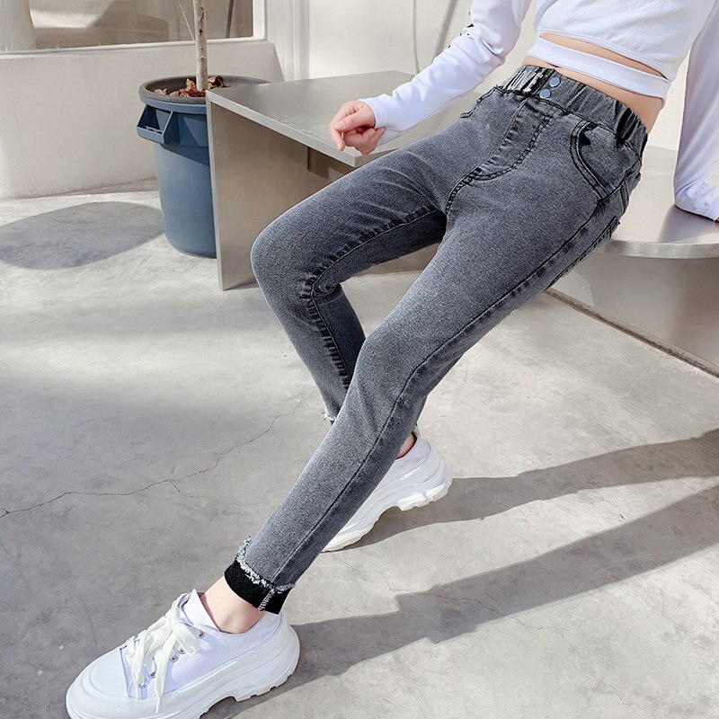Skinny Fit Children's Jeans 4 5 6 7 8 9 10 12 14Years Teenager Slim Jeans Korean Solid Color Denim Pencil Pants Student Girls