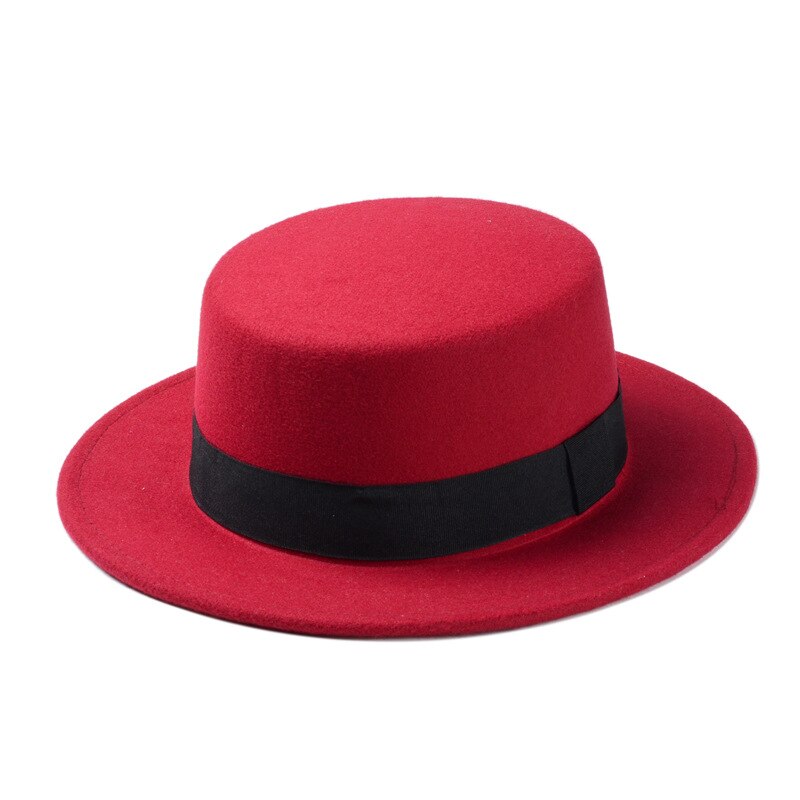 Brand Wool Boater Flat Top Hat For Women's Felt Wide Brim Fedora Hat Laday Prok Pie Chapeu de Feltro Bowler Gambler Top Hat: Red