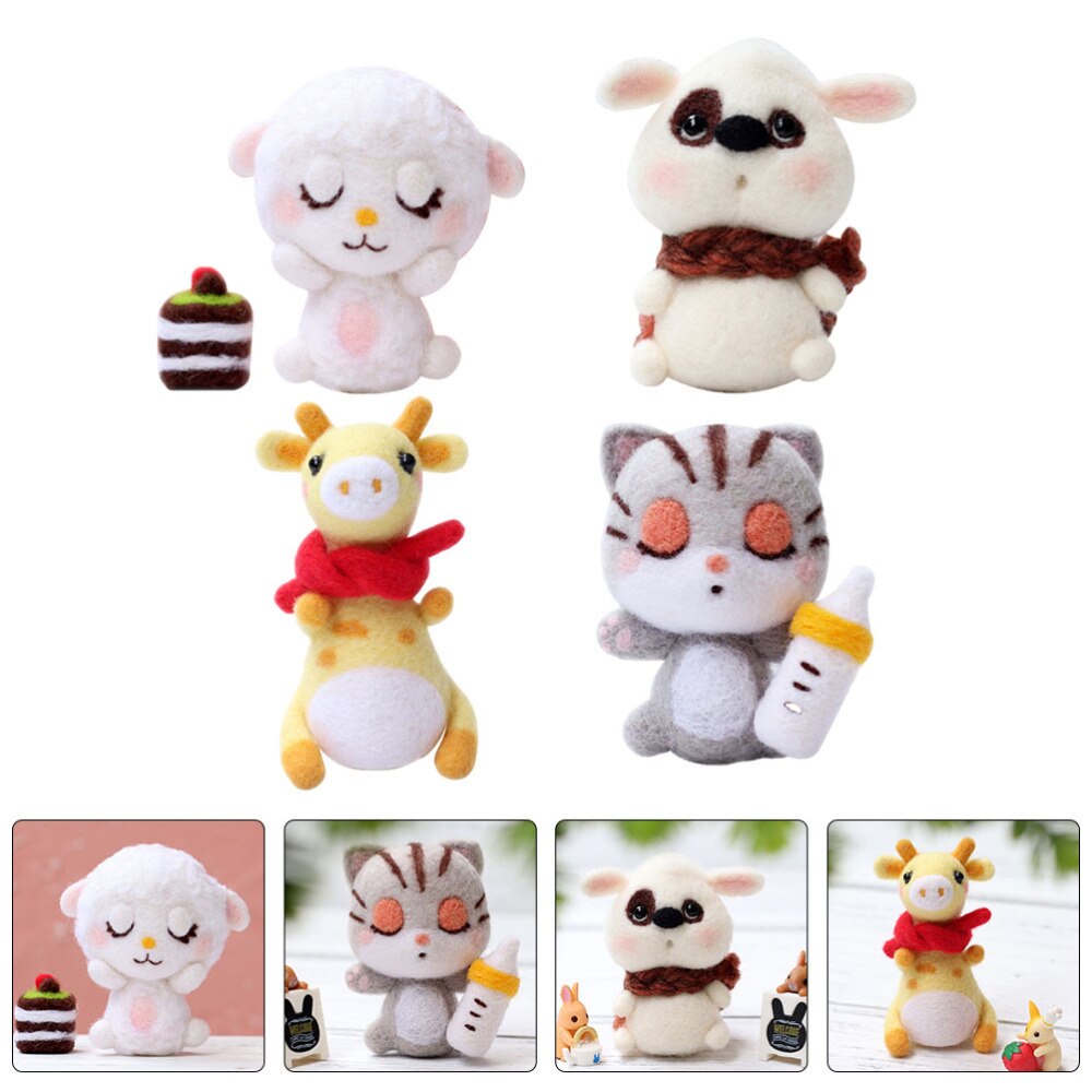 4 Sets Wool Felting Animals Kit DIY Non Finished Handcraft Material