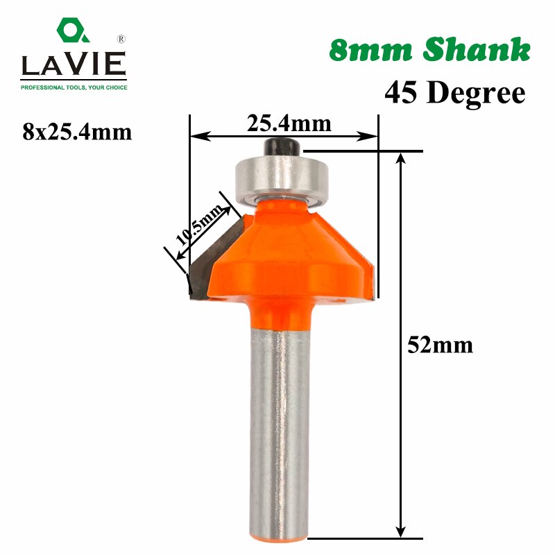 LA VIE 1pc 8mm Shank 45 Degree Chamfer Edge Forming Router Bit Bevel Flush Trim Bit Woodworking Milling Cutter Bits MC02021