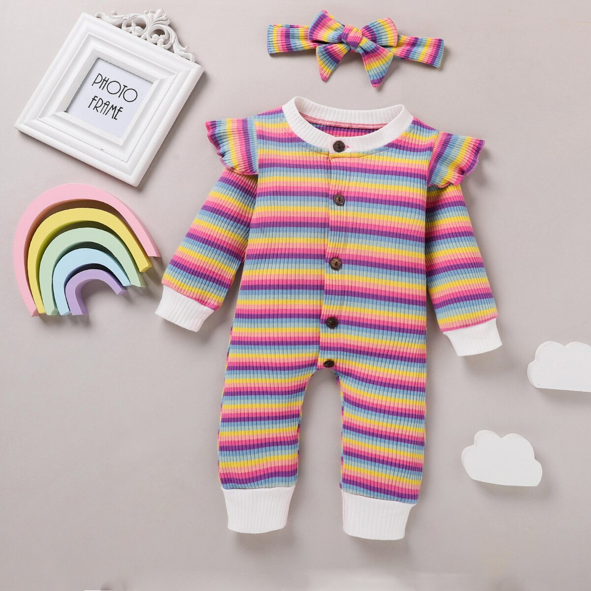 Newborn Baby Girl Boys Clothes Sets Autumn Colorful Striped Long Sleeve Ruffle Romper + Headband 2Pcs Clothes Set 0-18M