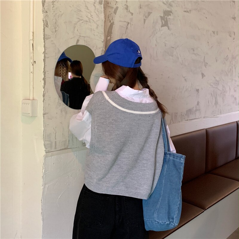 Tröja väst dam patchwork v-ringad enkelknapp snygg kontor dam koreanska ulzzang streetwear chic fritids ytterkläder