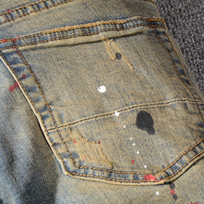 Streetwear heren jeans retro geel gewassen destroyed ripped jeans stretch paint hiphop jeans heren