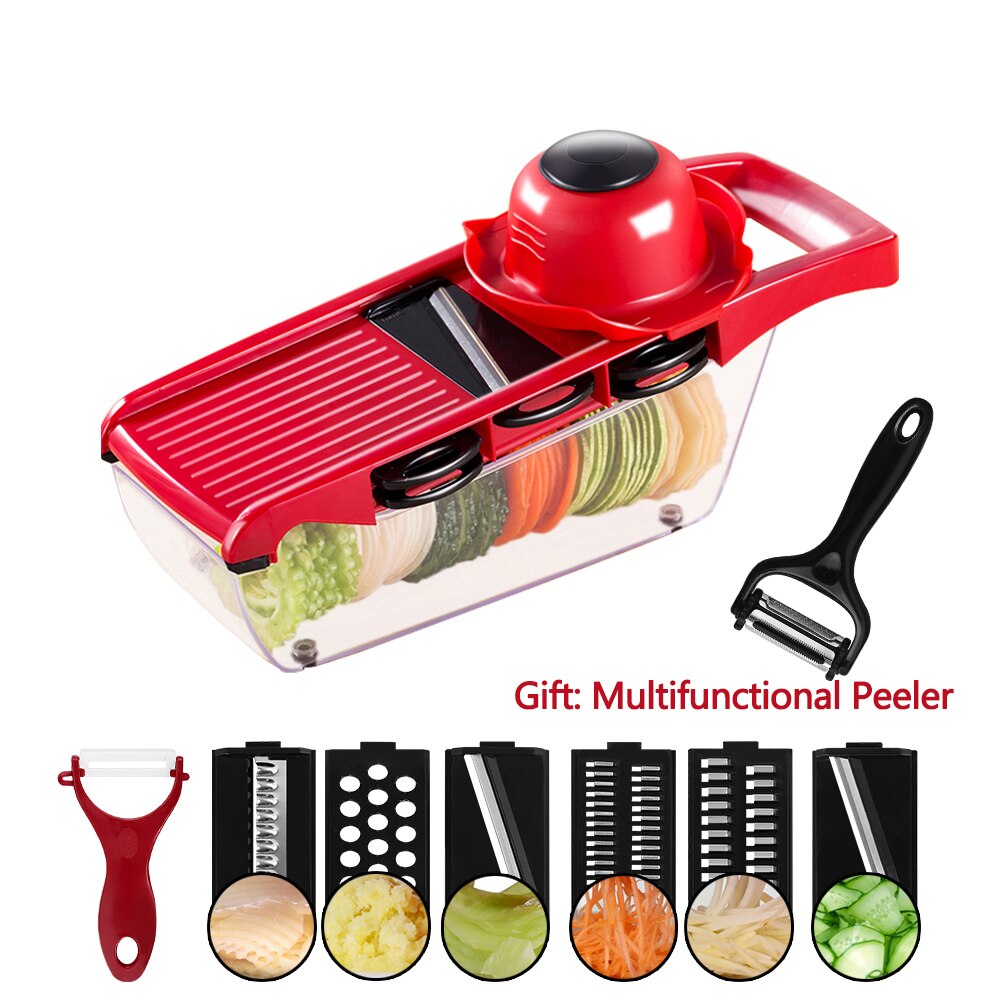 Damast handmatige groenterasp met 6 functies voor aardappel wortel draadvormige reep kaasschaaf fruitpers mandoline silcer: Rood