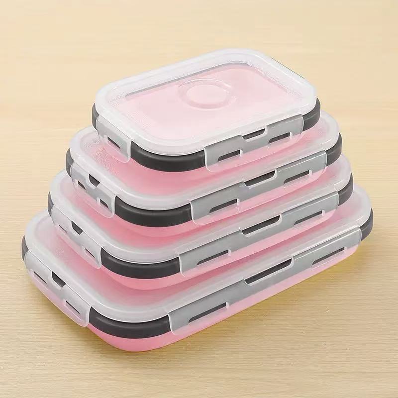 4 Pack Silicon Lunch Box Flat Stacks Collapsible Food Storage Containers With Lids Leftover Meal Box For Kitchen BPA Free: WHITE