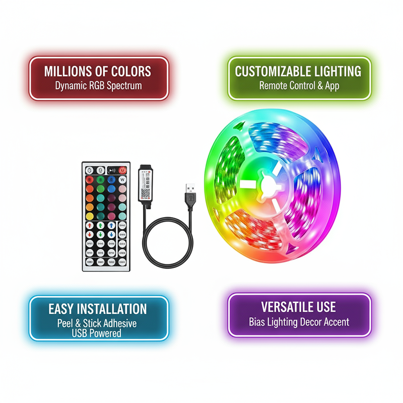 18 led-strimler med 5050 rgb-lys, usb, farveskiftende, fleksibel lampe med app-styring til rumdekoration, tv-baggrundsbelysning