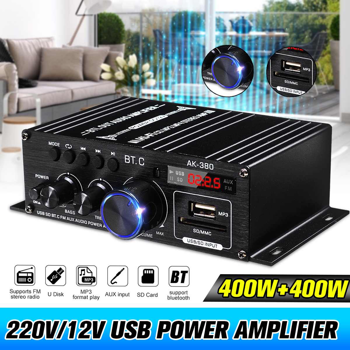 AK380/AK370 800W Power Amplifier Audio Karaoke Home Theater Amplifier 2 Channel Bluetooth Class D FM Amplifiers USB/SD AUX Input: AK380