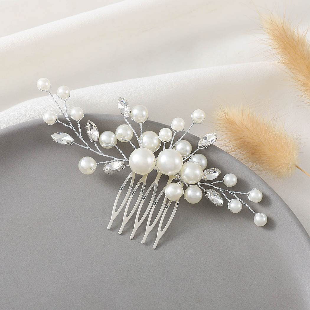 Peineta para el pelo de boda, horquillas y pinzas para el pelo de perlas para mujer, tocado de novia con diamantes de imitación, accesorios de joyas para el cabello de novia, 2025: Rodio plateado