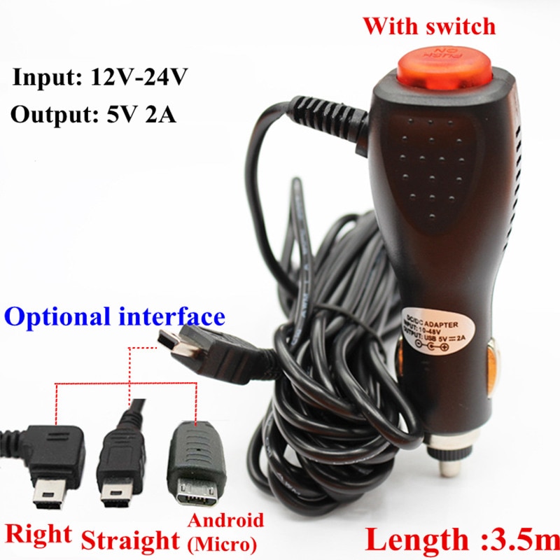 3.5 meter 5 V 2A Micro/mini USB Car Charger Adapter met Switch voor Auto DVR Camera Video Recorder /GPS input DC 12 V-24 V