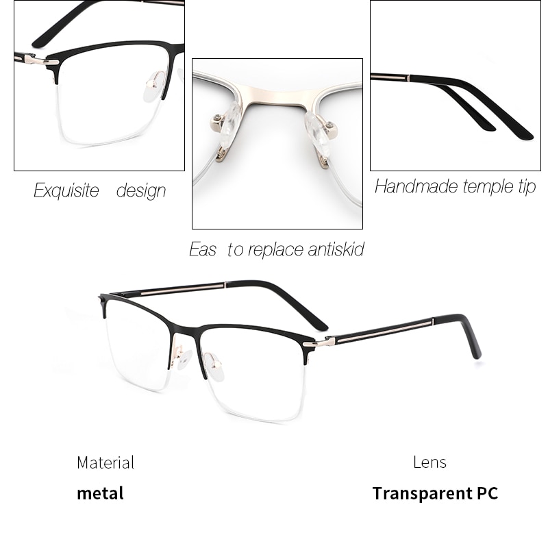 Metall herre brilleinnfatning semi-kant firkantet brilleinnfatning brille optiske brilleinnfatninger for menn # 1228