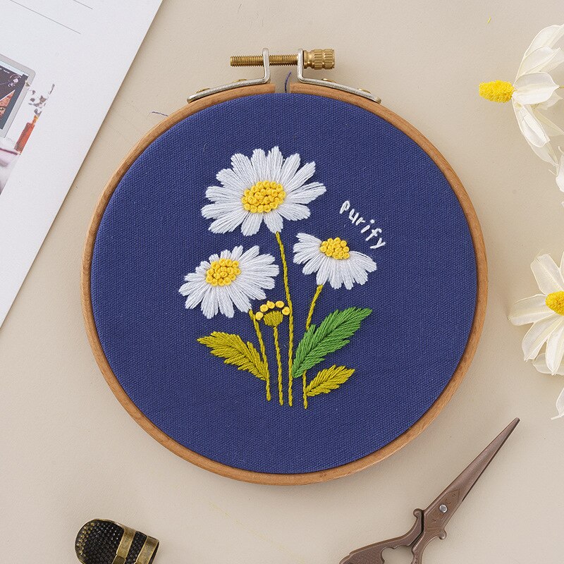 Nybegynner gjør-det-selv stemplet broderi startsett fargerike blomster planter mønster broderi stoff tråder verktøysett dekor kunstverk