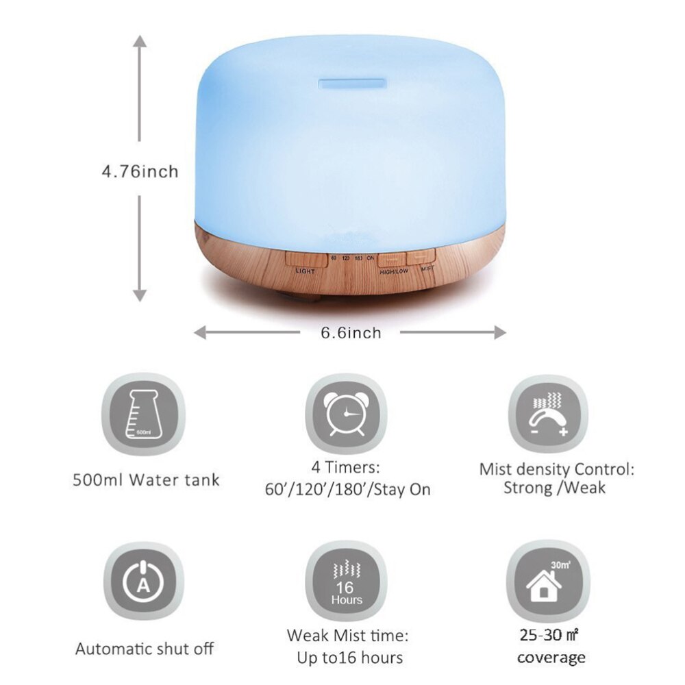 500ml Ultrasonic Humidifier Aroma Diffuser Wood Grain Essential Oil Diffuser Automatic Shut-off Cool Mist Humidifier(AU Plug)