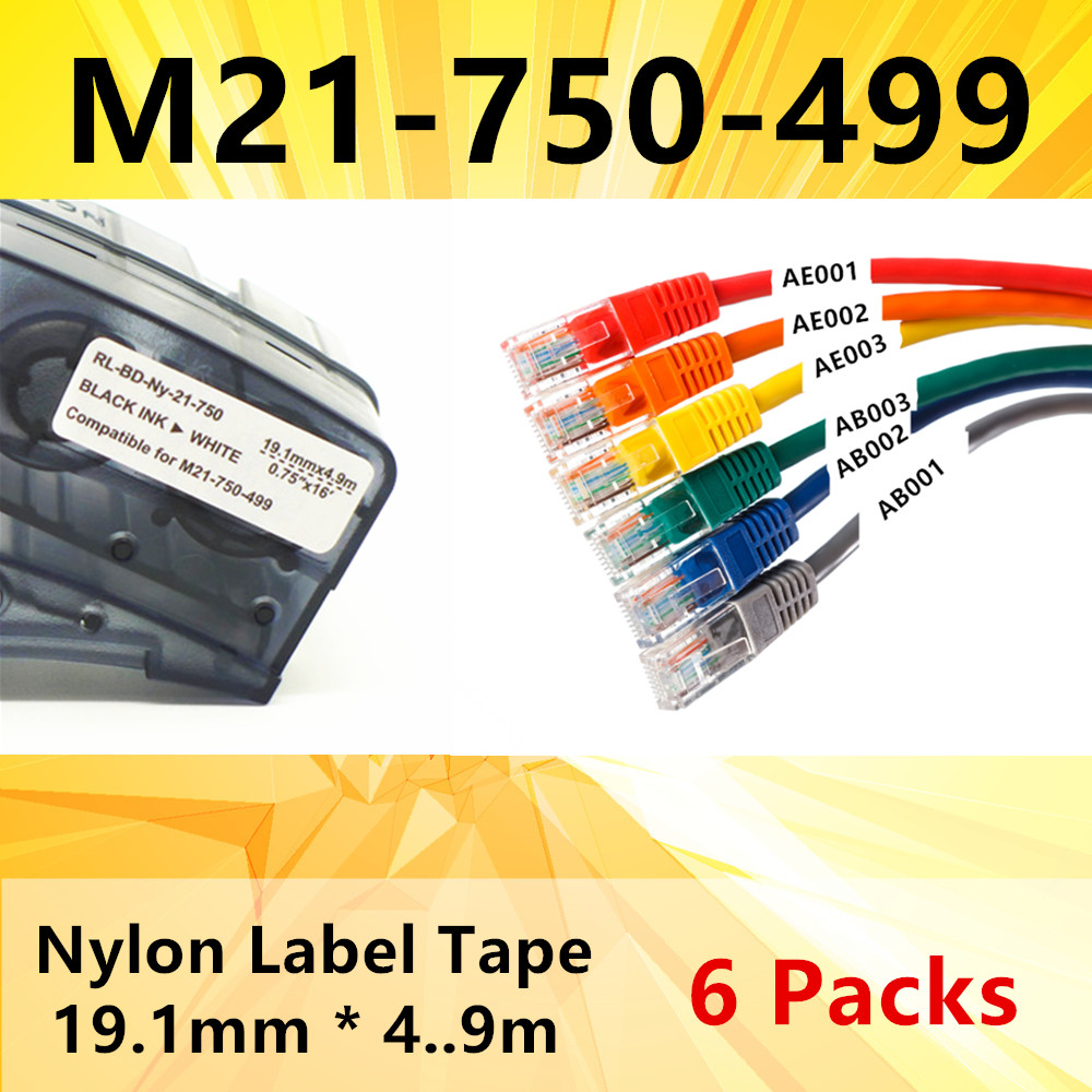 8PK M21 750 499 Label Lint Maker Label Tape Inkt Cartridge Zwart Op Wit 4.9M Nylon Voor Brady BMP21 plus En Labpal Printer: 6 Pack