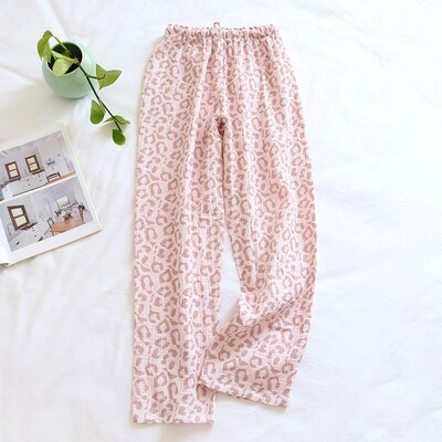 Japanese leopard print cotton pajamas women summer thin double layer gauze casual home trousers spring and autumn sleep bottoms: Pink / L