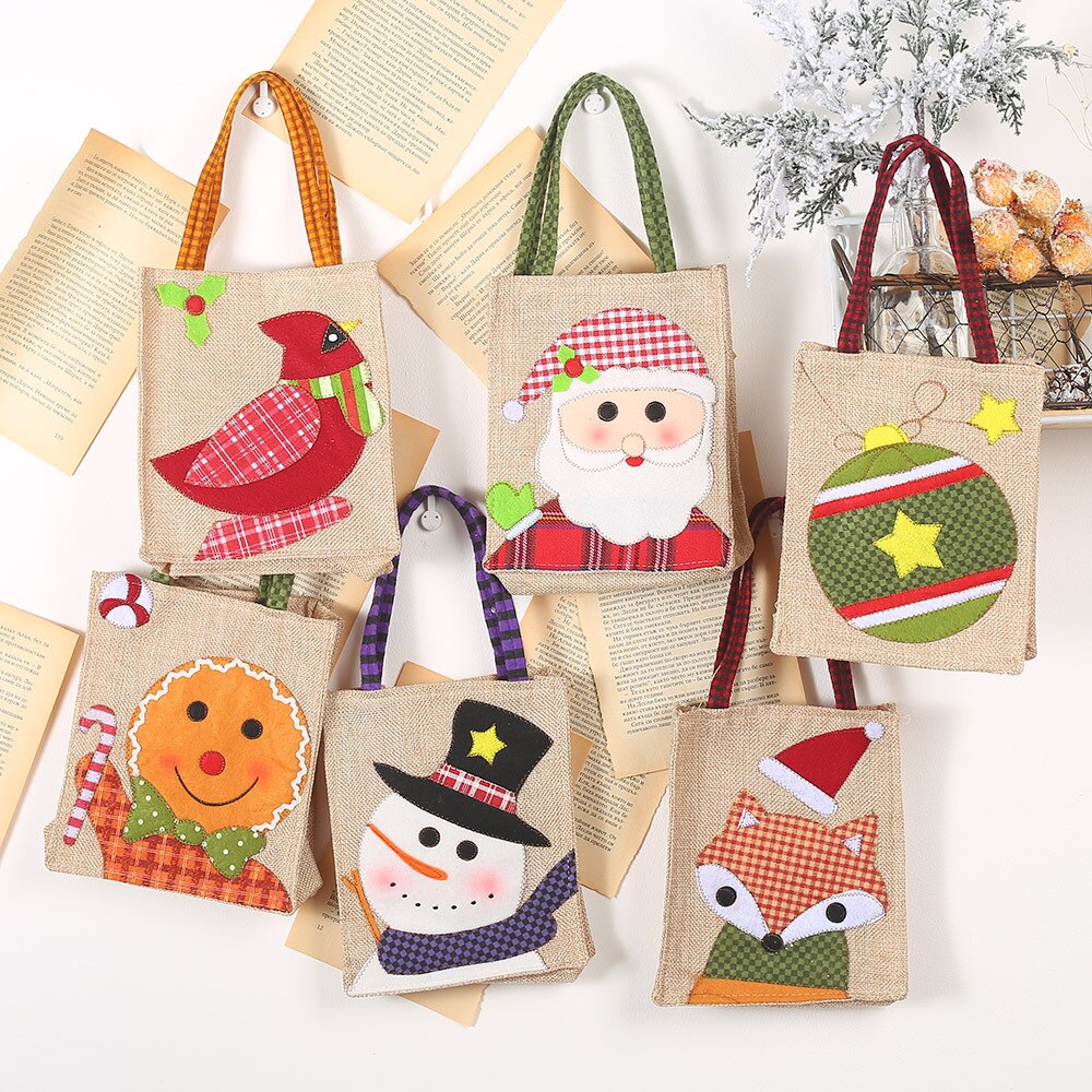 1 stk julepynt linned applikationer broderet taske tegneserie slikpose ornament mulepose