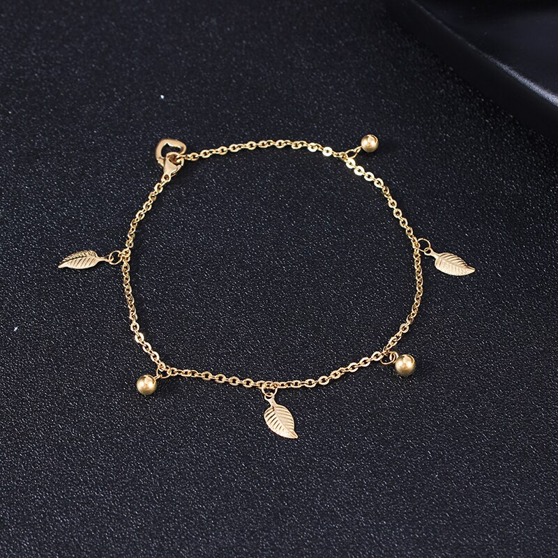 Rvs Bladgoud Kralen Barefoot Sandalen Enkelband Bohemian Tassel Link Chain Heart Voet Been Armband Voor Vrouwen